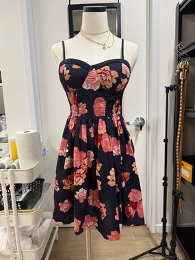 Band of Gypsies Navy Floral Mini Dress with Pink and Orange Blooms